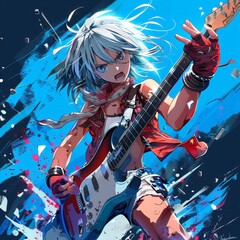 Vibrant anime character rocking out on an electric guitar amid a splash of blue