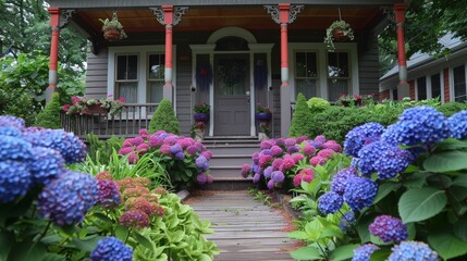 House With Colorful hydrangea Flowers in Front