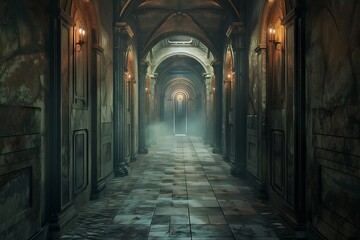 Hallway with many doors. Hallway with many doors which lead into magical worlds .