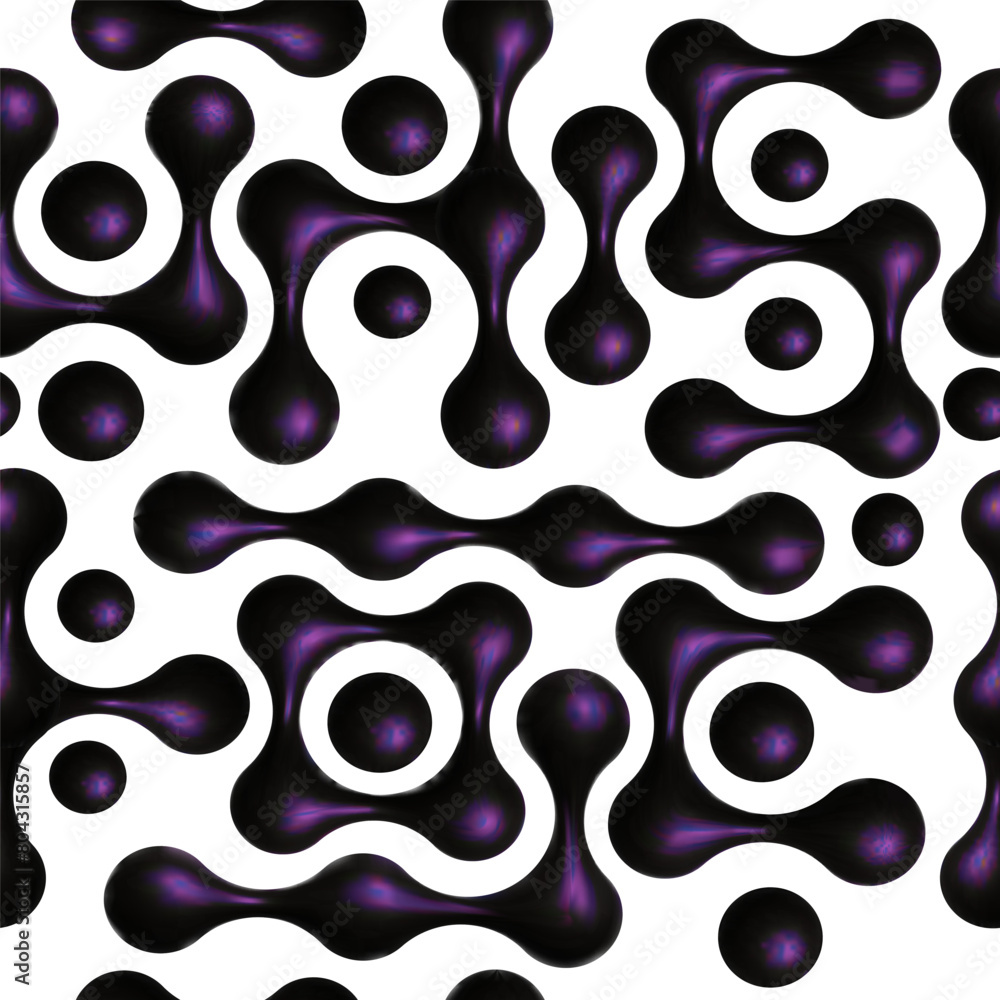 Poster Liquid connected blobs seamless background. Seamless metaballs pattern. Morph shiny 3D metaball shapes texture for design.Modern 3D background.Vector illustration