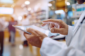Close-up of a pharmacist using a digital tablet for work, with a blurred pharmacy background.