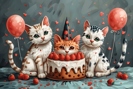 Fondo de pantalla de feliz cumpleaños con lindos gatos. Feliz cumple. Felicidades en tu cumpleaños.