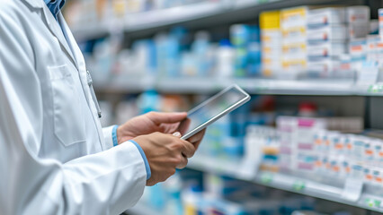 Close-up of a pharmacist's hands using a tablet to manage inventory in a pharmacy full of various medications.