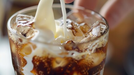 A person adding a splash of cream to their soda for a creamy twist.
