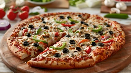 Delicious veggie pizza on wooden board for gourmet meal. Casual dining experience, perfect for food blogs and menus. Fresh ingredients, expertly prepared. AI