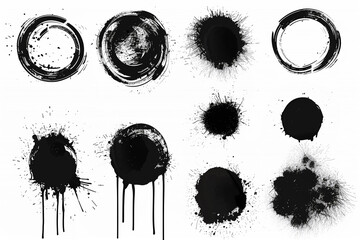 Ink splatter ensemble. Collection of black round stains, lines, and drips on white background