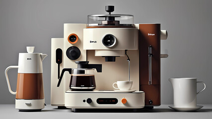 A surreal coffee maker designed by Dieter Rams, BRAUN. Product ad retro. stunning design.