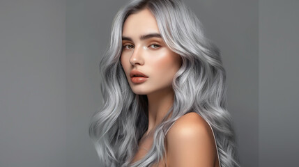 Fototapeta premium Black and silver hair color, a fashionable girl with long wavy gray hairs isolated on a grey background.