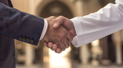 Two men shaking hands, one in business suit, the other in clothes typical for Saudi Arabia