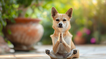 Funny dog practicing sitting in the lotus position and practicing yoga and meditation