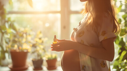 Pregnant woman holding a bottle of aromatherapy essential oil at home