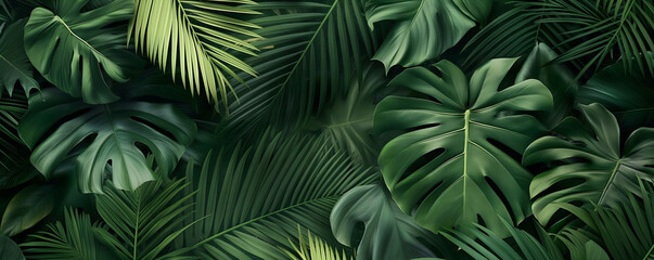 Background or banner made of dark green tropical palm leaves