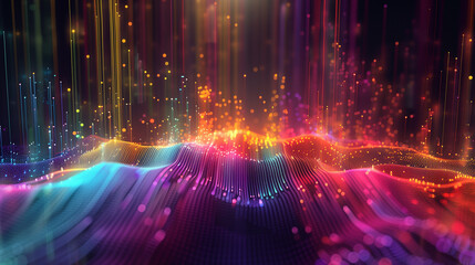 An abstract digital landscape created with vibrant waves of neon light.