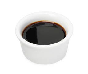 Tasty soy sauce in bowl isolated on white