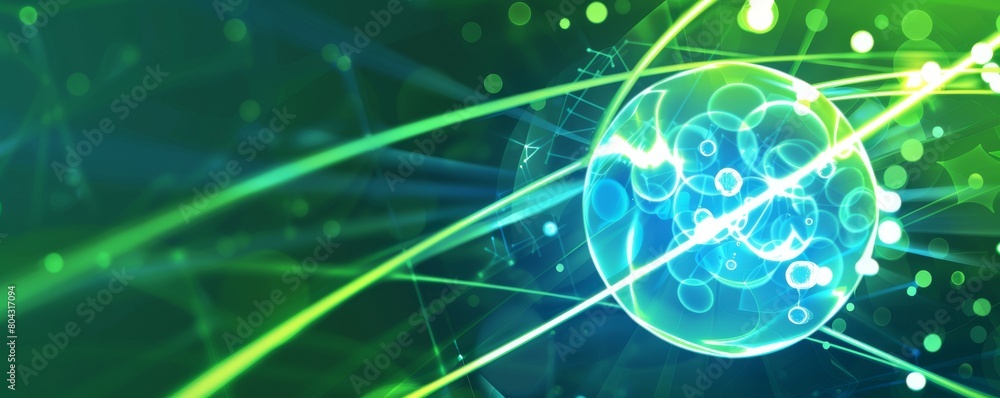 Poster minimalist abstract design of a glowing nuclear core with interconnected lines and particles