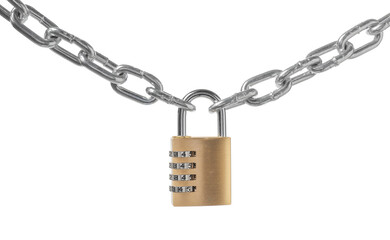 Steel combination padlock and chain isolated on white