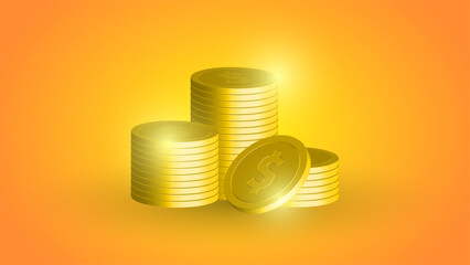 3D Gold Coin, Dollar Coin, Vector Coins with Dollar Signs