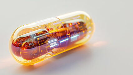Naklejka premium Conceptual smart capsule with internal circuitry and glowing elements.