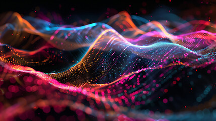 An abstract digital landscape created with vibrant waves of neon light.