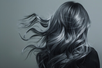 Black and silver hair color, a fashionable girl with long wavy gray hairs isolated on a grey background.