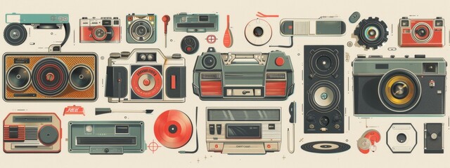 Retro-inspired illustrations of technology gadgets such as cameras, cassette tapes, or vinyl records.