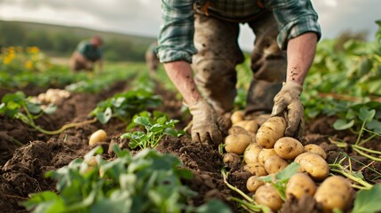 Close up view of worker picking fresh potatoes from the field
