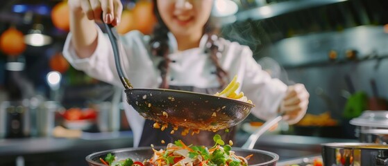 An Asian female chef fries, seasoning a dish with herbs and spices, smiling. Professional Chef...
