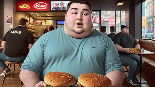 Young man weight evolution eating fast food flipbook aniamtion.Young slim man weighing 30 kg and gradually reaches the weight 200 kg eating fast food hamburger, man looks directly to camera.High
