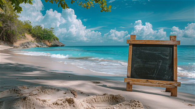 Blank blackboard on beautiful beach