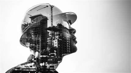 Portrait of a young construction worker overlaid with a construction site
