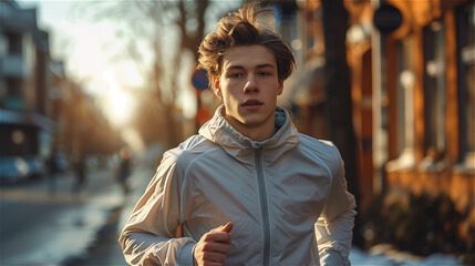 Fototapeta premium Portrait of handsome young man jogging and looking at the camera