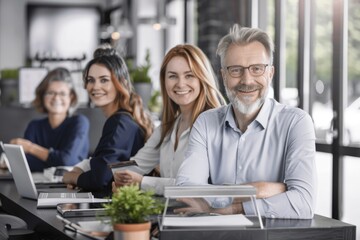Smiling business people sitting at counter by window in office