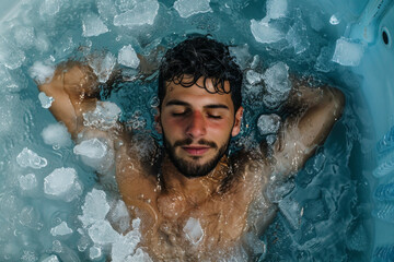 A man using an ice plunge pool bath for recovery after sports exercise