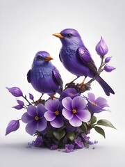 Fantasy two purple birds sitting on a violet bush.
