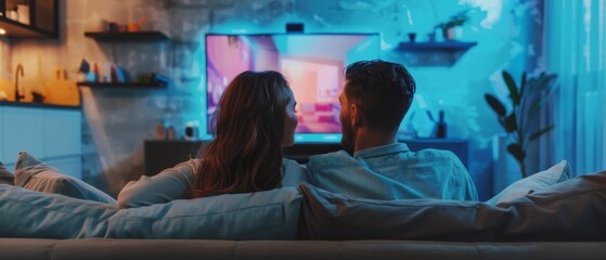 A couple is watching TV with big flat screen display at home. They are sitting on a couch watching reality shows or infomercials in their stylish loft apartment.