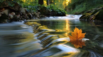 A single leaf floating down a gently flowing stream, the water's surface creating smooth, flowing lines that guide the leaf's journey through a serene forest setting. 32k