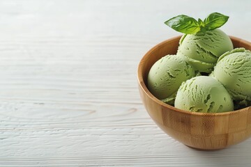 Fresh Basil Ice Cream in a Wooden Bowl