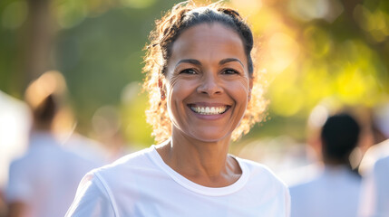 Smiling woman 50 years old in a white T-shirt going for a morning jog with her peers