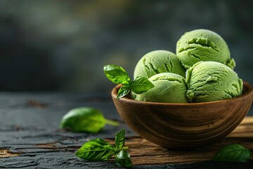 Scoops of green basil ice cream in a wooden bowl on a rustic background with copy space