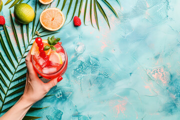 summer watermelon cocktail in hand, in a glass on a tropical background