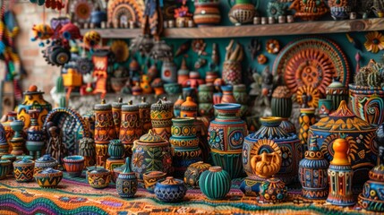 A colorful display of handcrafted ceramic pottery and other assorted items for sale at a local artisan market.