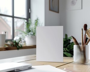 Blank paper on desk with supplies and plants in background