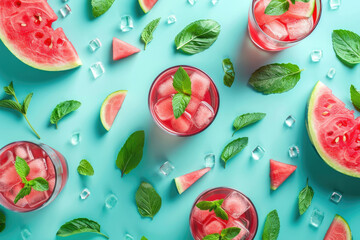 summer watermelon cocktails in glasses on a blue background.