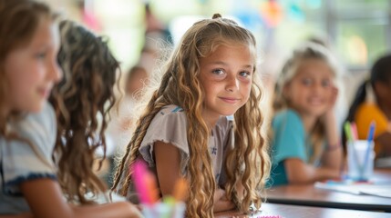 Fototapeta premium A young girl with long blonde curly hair sitting in a classroom smiling at the camera.