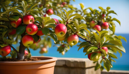 an apple tree in a pot with a blue sea in the background, surrounded by vibrant green leaves and a sunny sky.