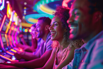 Fototapeta premium Young people enjoying slot machine games at a casino.