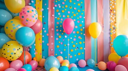 A lot of colorful balloons with confetti on a blue background.