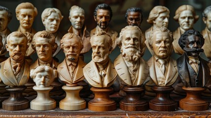 A collection of wooden busts of famous composers.