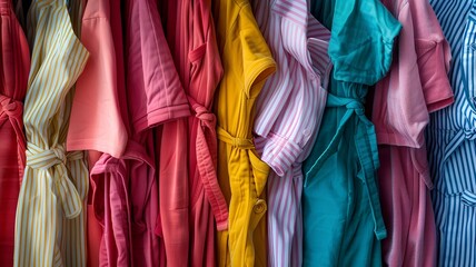 assortment of women's pajamas. A woman's colorful pajamas in a close-up, an ideal backdrop for a home clothing store, with plenty of room for text.