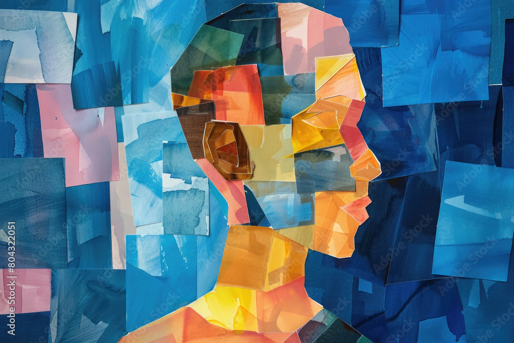 Poster a portrait of a mans face created using vibrant colored squares in varying sizes, forming a mosaic-l